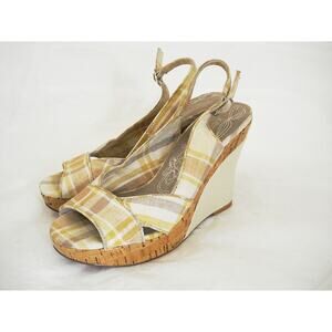KENZIE IVORY & TAN PLAID COTTON SLINGBACK W PATENT LEATHER WEDGE HEEL SZ 6M